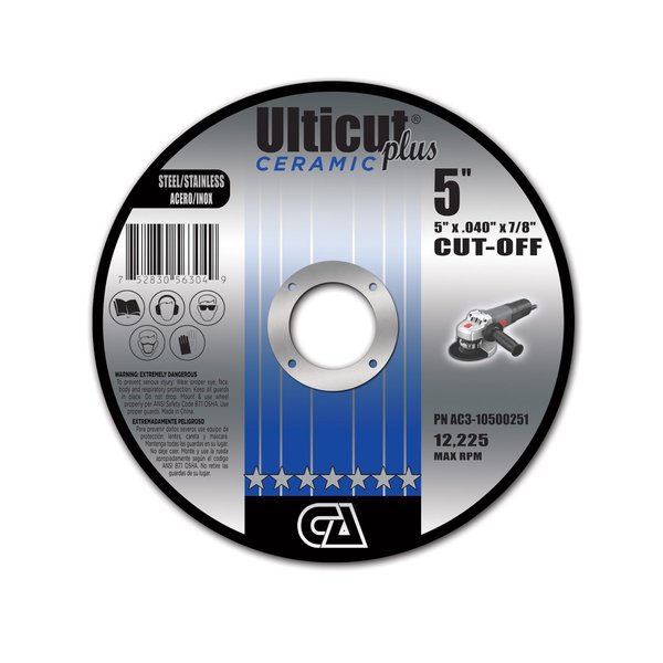 Continental Abrasives 5" x .040" x 7/8" Ceramic Ulticut Plus T1 Double Reinforced Cut-Off Wheel for Stainless/Steel AC3-10500251